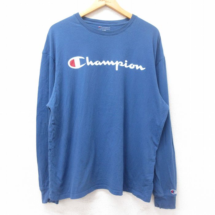 XL★古着 チャンピオン champion 長袖 Tシャツ メンズ ビッグロゴ 大きいサイズ クルーネック 青 ブルー 25jun27 中古