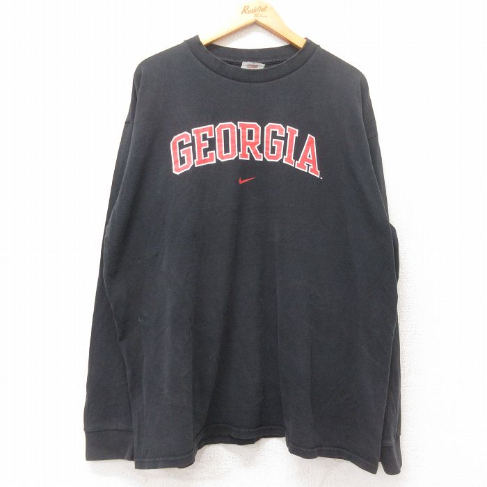 【50%OFF】XL★古着 ナイキ NIKE 長袖 ビンテージ Tシャツ メンズ 00年代 00s ワンポイントロゴ GEORGIA 大きいサイズ コットン クルーネック 黒 ブラック 25jun27 中古