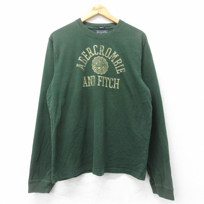 XL★古着 アバクロンビー Abercrombie&fitch 長袖 Tシャツ メンズ ビッグロゴ カレッジ コットン クルーネック 緑 グリーン 25jun28 中古
