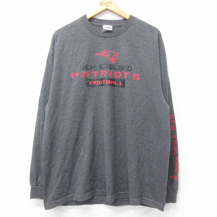 【50%OFF】XL★古着 マジェスティック 長袖 Tシャツ メンズ NFL ニューイングランドペイトリオッツ 大きいサイズ クルーネック 濃グレー 霜降り アメフト スーパーボウル 25jun28 中古