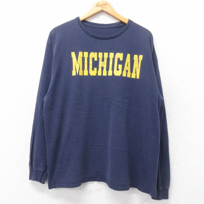 【50%OFF】XL★古着 長袖 Tシャツ メンズ ミシガン クルーネック 紺 ネイビー 25jun28 中古