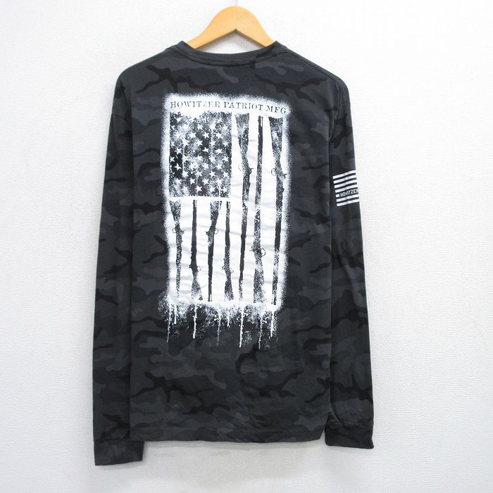 XL★古着 長袖 Tシャツ メンズ 星条旗 クルーネック 黒他 ブラック 迷彩 25jun28 中古