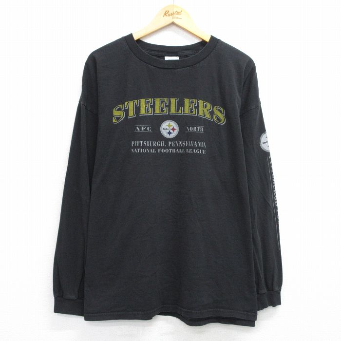 XL★古着 長袖 ビンテージ Tシャツ メンズ 00年代 00s NFL ピッツバーグスティーラーズ 大きいサイズ コットン クルーネック 黒 ブラック アメフト スーパーボウル 25jun28 中古