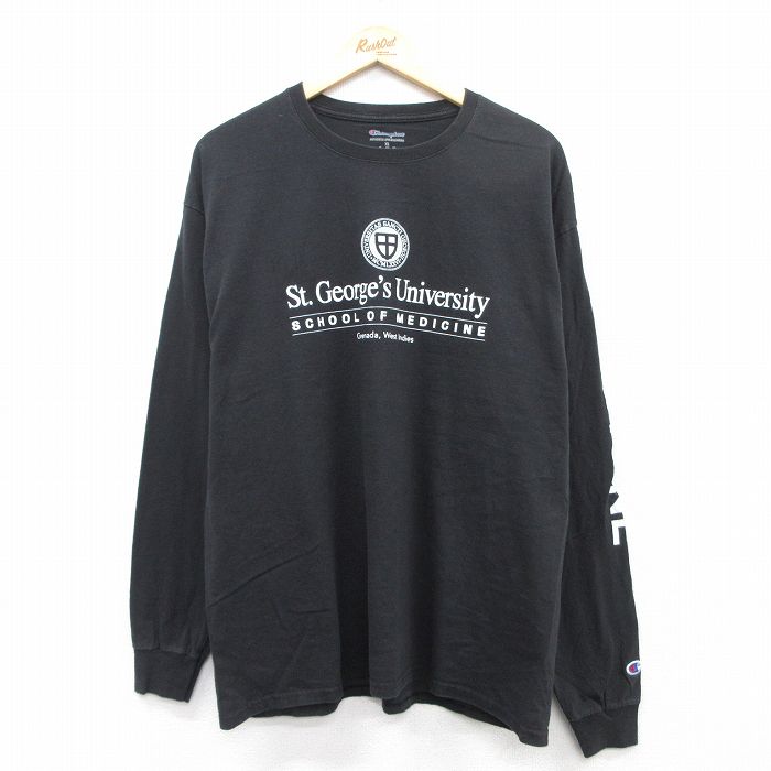 XL★古着 チャンピオン Champion 長袖 Tシャツ メンズ ST Georges クルーネック 黒 ブラック 25jun30 中古
