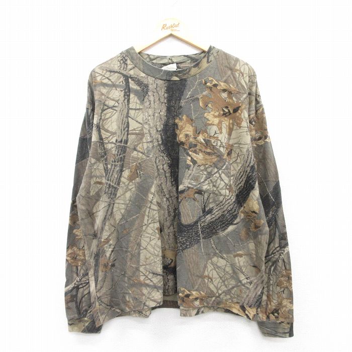 XL★古着 リバティ 長袖 Tシャツ メンズ リアルツリー 大きいサイズ コットン クルーネック 茶他 ブラウン 迷彩 25jun30 中古