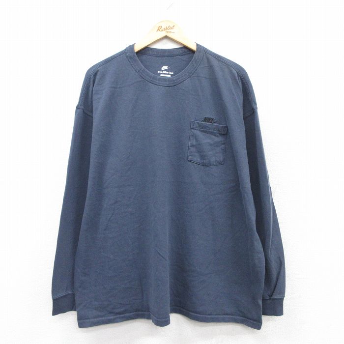 XL★古着 ナイキ NIKE 長袖 Tシャツ メンズ ワンポイントロゴ 胸ポケット付き 大きいサイズ コットン クルーネック 紺 ネイビー 25jun30 中古