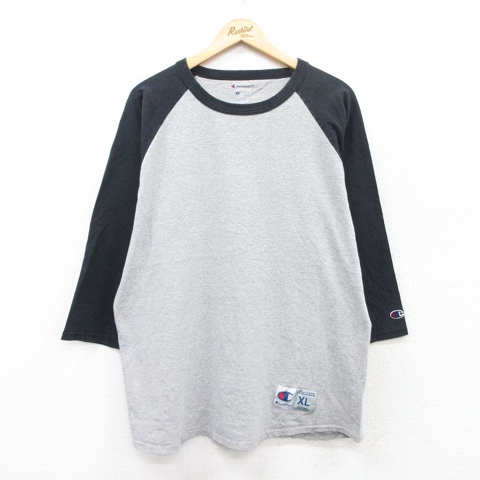 XL★古着 チャンピオン champion 7分袖 Tシャツ メンズ 無地 ラグラン ツートンカラー クルーネック グレー 霜降り他 25jul01 中古 7分丈 七分丈 七分袖