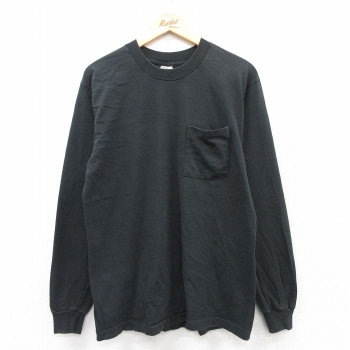 L★古着 長袖 ビンテージ Tシャツ メンズ 90年代 90s 無地 胸ポケット付き コットン クルーネック USA製 黒 ブラック 【spe】 25jul01 中古