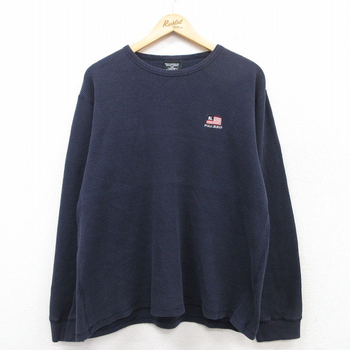 XL★古着 ラルフローレン Ralph Lauren ポロジーンズ 長袖 ブランド サーマル Tシャツ メンズ ワンポイントロゴ コットン クルーネック カナダ製 紺 ネイビー 25jul01 中古