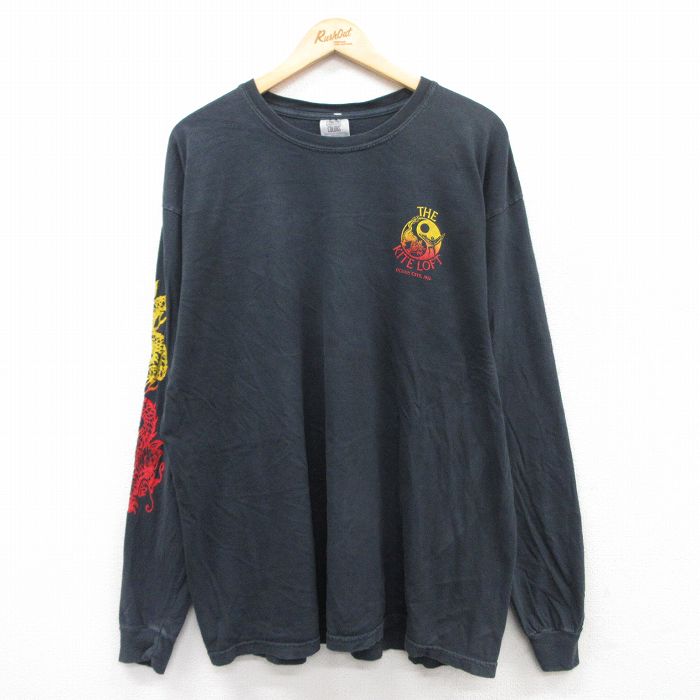 XL★古着 長袖 Tシャツ メンズ 陰陽 龍 THE KITE LOFT 大きいサイズ コットン クルーネック 黒 ブラック 25jul01 中古