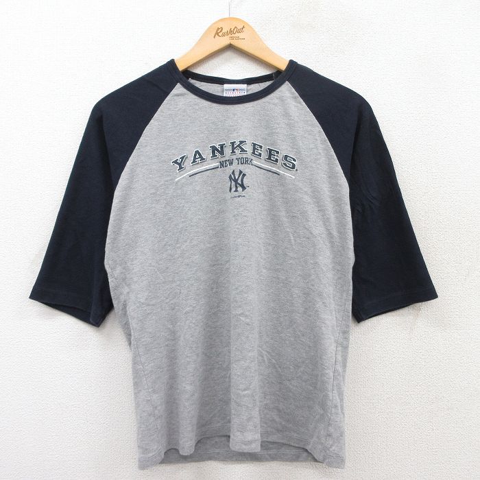 M★古着 7分袖 ビンテージ Tシャツ メンズ 00年代 00s MLB ニューヨークヤンキース ラグラン クルーネック グレー 霜降り他 メジャーリーグ ベースボール 野球 25jul01 中古 7分丈 七分丈 七分袖