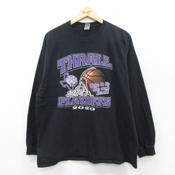 XL★古着 長袖 Tシャツ メンズ THRALL バスケットボール 大きいサイズ コットン クルーネック 黒 ブラック 25jul01 中古