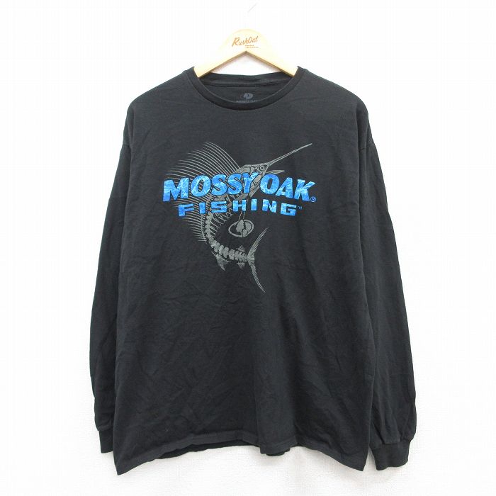 【20%OFF】XL★古着 長袖 Tシャツ メンズ モッシーオーク フィッシング カジキ コットン クルーネック 黒 ブラック 25jul01 中古