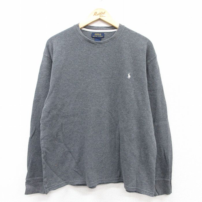 XL★古着 ラルフローレン Ralph Lauren 長袖 ブランド サーマル Tシャツ メンズ ワンポイントロゴ 大きいサイズ コットン クルーネック グレー 25jul01 中古