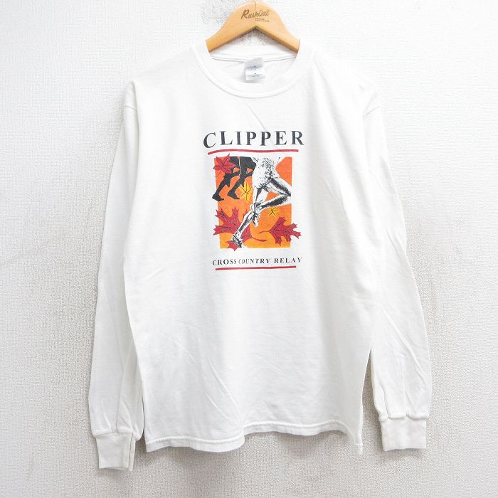 M★古着 長袖 ビンテージ Tシャツ メンズ 00年代 00s マラソン CLIPPER コットン クルーネック 白 ホワイト 25jul02 中古