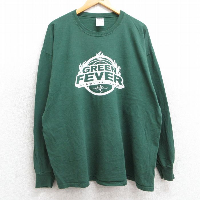 XL★古着 ラッセル 長袖 ビンテージ Tシャツ メンズ 00年代 00s GREEN FEVER 大きいサイズ コットン クルーネック 緑 グリーン 25jul02 中古