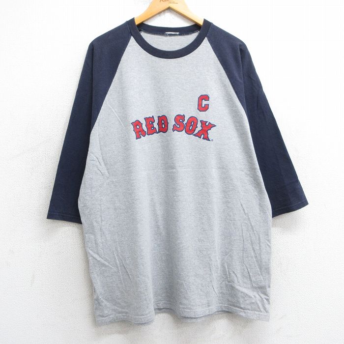 【20%OFF】XL★古着 7分袖 Tシャツ メンズ MLB ボストンレッドソックス ジェイソンバリテック 33 ラグラン ツートンカラー ロング丈 大きいサイズ クルーネック グレー 霜降り メジャーリーグ ベースボール 野球 25jul02 中古 7分丈 七分丈 七分袖