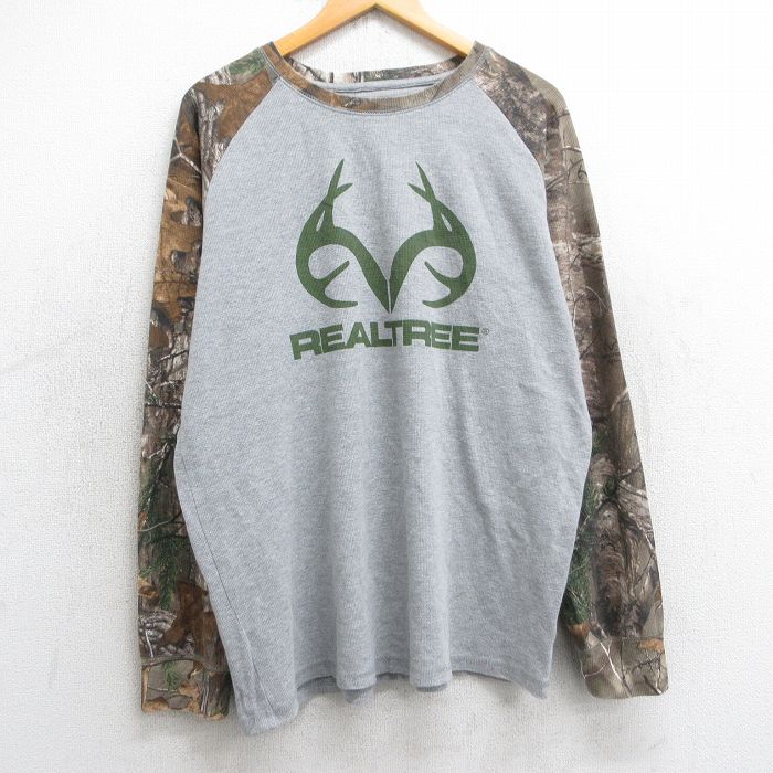XL★古着 長袖 サーマル Tシャツ メンズ リアルツリー ラグラン ツートンカラー 大きいサイズ クルーネック グレー 霜降り他 25jul02 中古