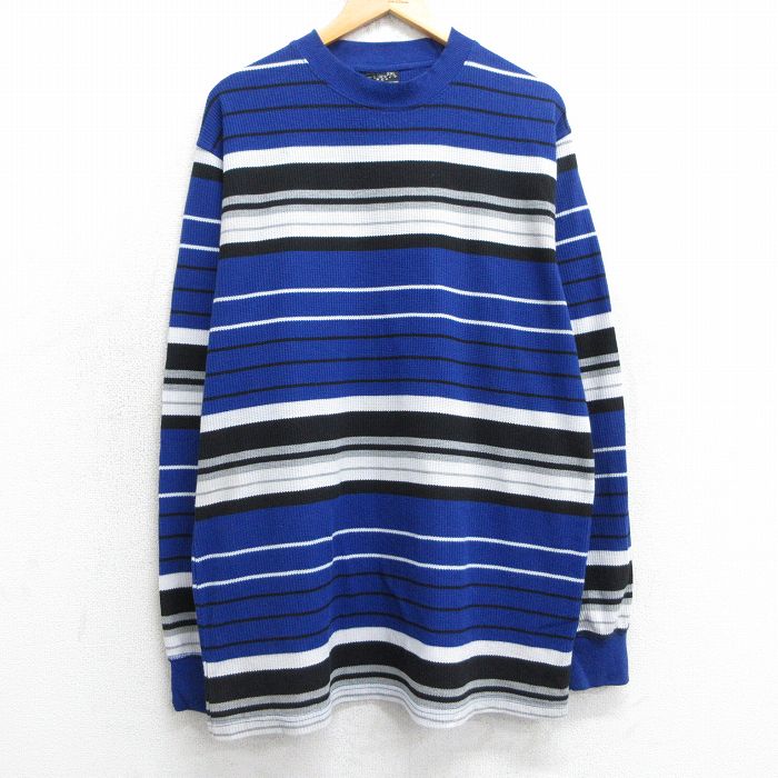 【20%OFF】XL★古着 長袖 ビンテージ サーマル Tシャツ メンズ 00年代 00s クルーネック 青他 ブルー ボーダー 25jul02 中古