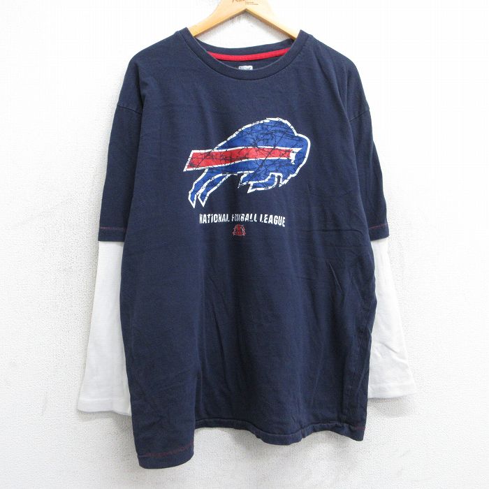 【50%OFF】XL★古着 長袖 Tシャツ メンズ NFL バッファロービルズ 大きいサイズ コットン クルーネック 紺他 ネイビー アメフト スーパーボウル 【spe】 25jul02 中古