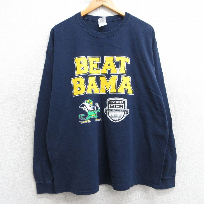 XL★古着 長袖 Tシャツ メンズ アイリッシュ ノートルダム 大きいサイズ コットン クルーネック 紺 ネイビー 25jul02 中古