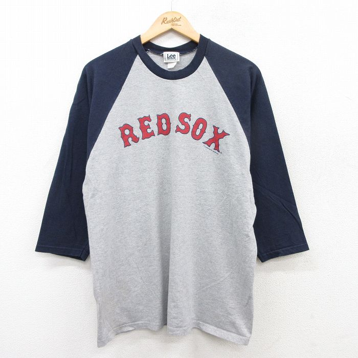 L★古着 リー Lee 7分袖 ビンテージ Tシャツ メンズ 00年代 00s MLB ボストンレッドソックス ラグラン ツートンカラー クルーネック USA製 グレー 霜降り他 メジャーリーグ ベースボール 野球 25jul02 中古 7分丈 七分丈 七分袖