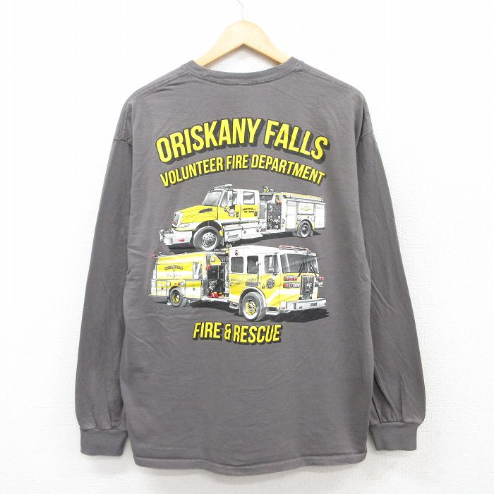 XL★古着 長袖 Tシャツ メンズ 消防車 オリスカニー クルーネック 濃グレー 25jul02 中古