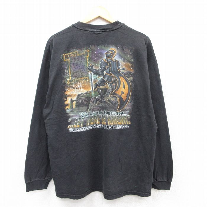 XL★古着 ヘインズ Hanes 長袖 ビンテージ Tシャツ メンズ 90年代 90s ミリタリー アーミー ネイビー ARMY 騎士 コットン クルーネック 黒 ブラック 25jul02 中古