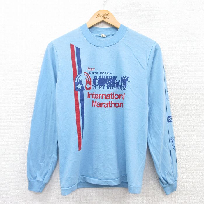S★古着 スクリーンスターズ 長袖 ビンテージ Tシャツ メンズ 80年代 80s マラソン クルーネック USA製 水色 25jul02 中古