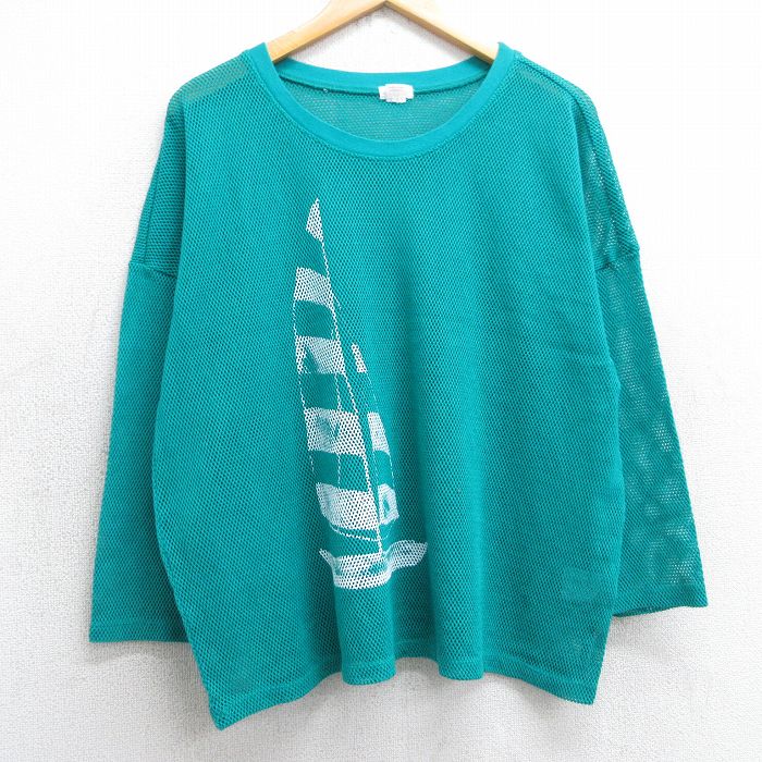 XL★古着 長袖 Tシャツ メンズ ヨット メッシュ地 大きいサイズ クルーネック 青緑 25jul02 中古