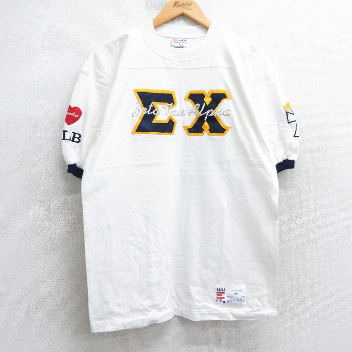 L★古着 半袖 ビンテージ フットボール Tシャツ メンズ 90年代 90s アルファ ギリシャ文字 CARLY 23 コットン クルーネック USA製 白 ホワイト 25jul02 中古