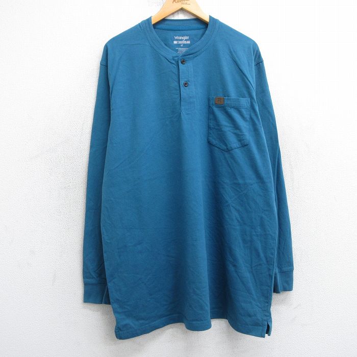 XL★古着 ラングラー Wrangler 長袖 Tシャツ メンズ ワンポイントロゴ 胸ポケット付き 大きいサイズ ロング丈 コットン ヘンリーネック 紺系 ネイビー 25jul02 中古