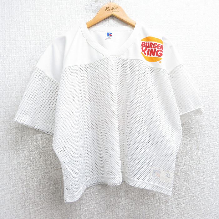 XL★古着 ラッセル 半袖 ビンテージ フットボール Tシャツ メンズ 90年代 90s バーガーキング 22 メッシュ地 ショート丈 大きいサイズ Vネック USA製 白 ホワイト ユニフォーム ゲームシャツ 【spe】 25jul02 中古