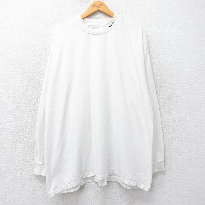 【20%OFF】XL★古着 ナイキ NIKE 長袖 ビンテージ Tシャツ メンズ 00年代 00s ワンポイントロゴ 大きいサイズ コットン モックネック ハイネック 白 ホワイト 25jul03 中古
