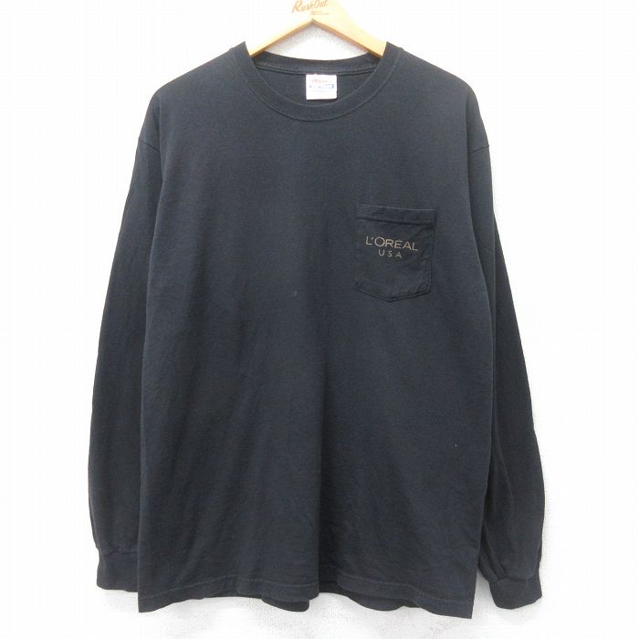 【20%OFF】L★古着 ヘインズ Hanes 長袖 ビンテージ Tシャツ メンズ 00年代 00s LOREAL 胸ポケット付き コットン クルーネック 黒 ブラック 25jul03 中古