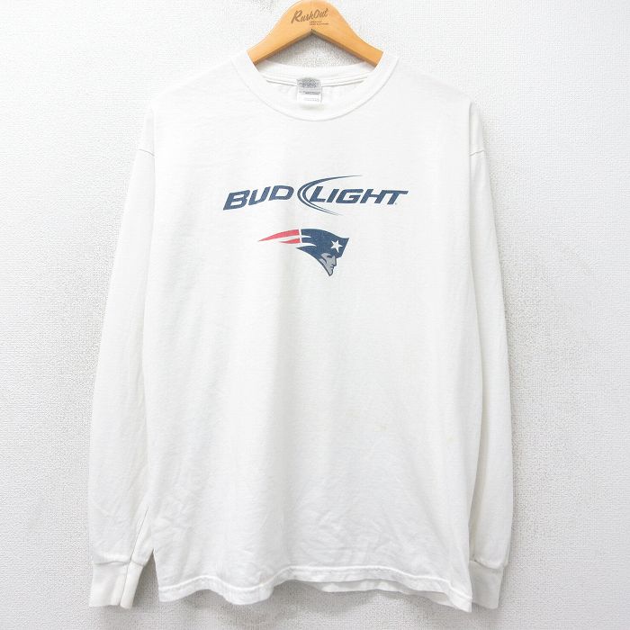 L★古着 長袖 ビンテージ Tシャツ メンズ 00年代 00s NFL ニューイングランドペイトリオッツ バドライト ビール コットン クルーネック 白 ホワイト アメフト スーパーボウル 25jul03 中古