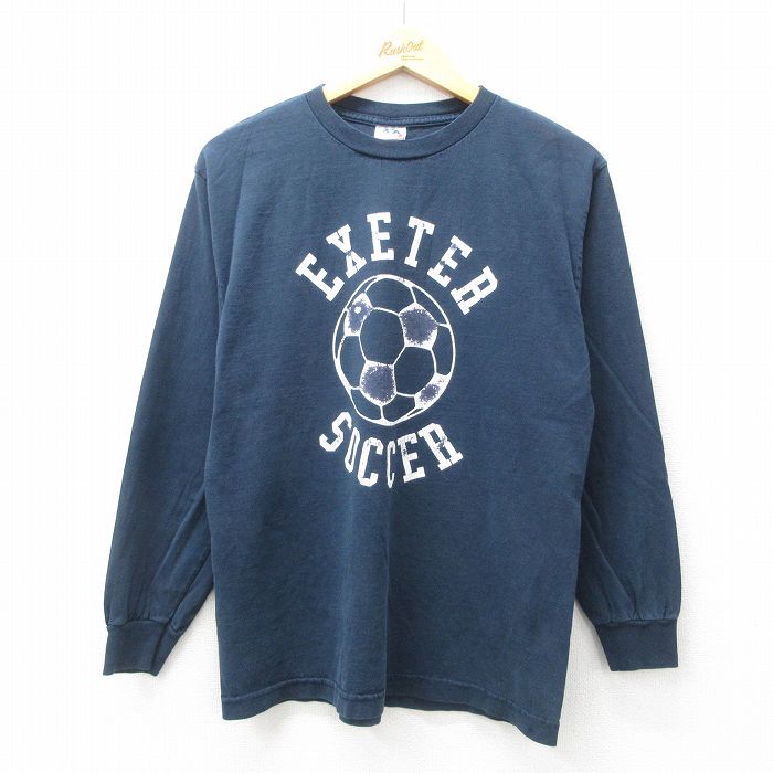 【20%OFF】M★古着 長袖 ビンテージ Tシャツ メンズ 00年代 00s サッカー コットン クルーネック 紺 ネイビー 25jul07 中古