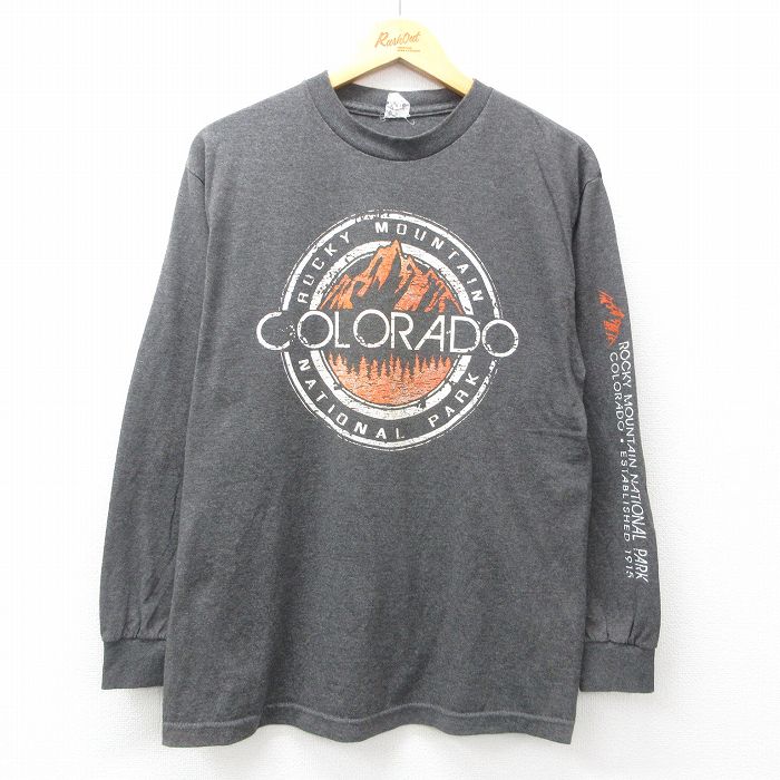 【20%OFF】M★古着 長袖 Tシャツ メンズ コロラド ロッキーマウンテン クルーネック 濃グレー 霜降り 25jul07 中古