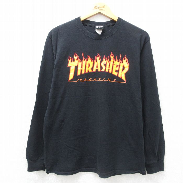 M★古着 スラッシャー 長袖 Tシャツ メンズ コットン クルーネック 黒 ブラック 25jul07 中古