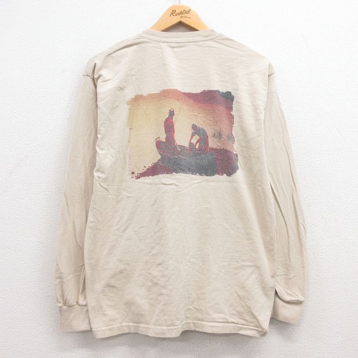 L★古着 長袖 ビンテージ Tシャツ メンズ 00年代 00s ボート コットン クルーネック ベージュ カーキ 25jul12 中古