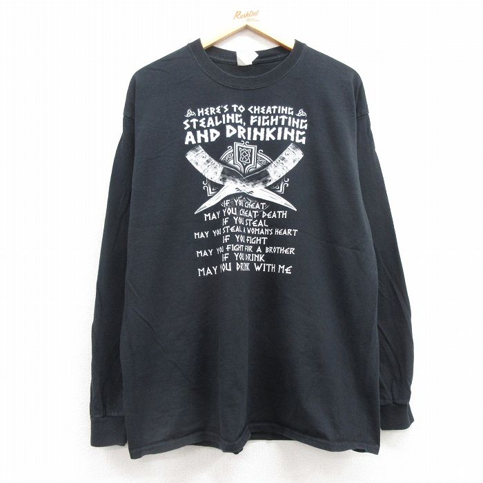 XL★古着 長袖 Tシャツ メンズ 角笛 メッセージ 大きいサイズ コットン クルーネック 黒 ブラック 25jul12 中古