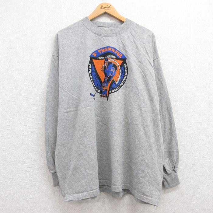 XL★古着 長袖 ビンテージ Tシャツ メンズ 90年代 90s アイスホッケー 大きいサイズ クルーネック グレー 霜降り 25jul12 中古