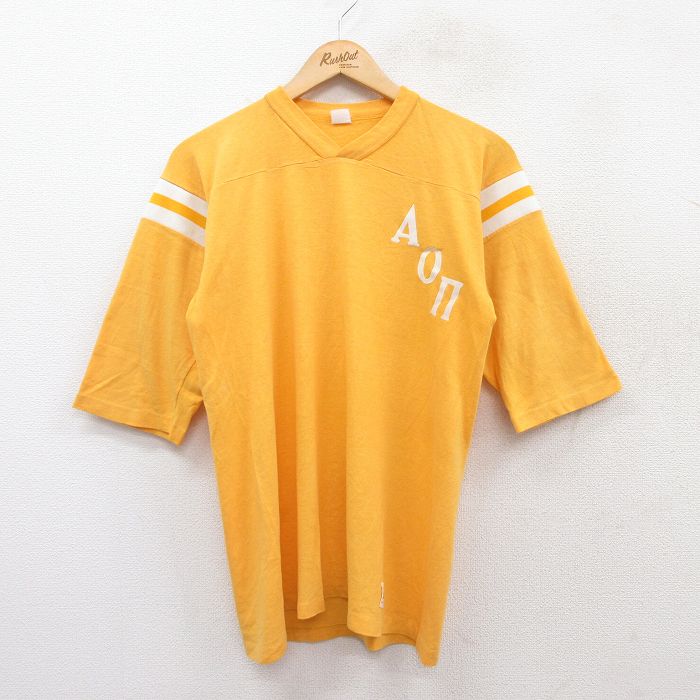 【50%OFF】M★古着 7分袖 ビンテージ フットボール Tシャツ メンズ 80年代 80s Vネック USA製 黄 イエロー 【spe】 25jul12 中古 7分丈 七分丈 七分袖