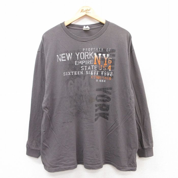 XL★古着 長袖 Tシャツ メンズ ニューヨーク 大きいサイズ コットン クルーネック 濃グレー 25jul12 中古