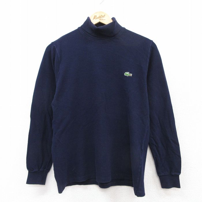 L★古着 ラコステ LACOSTE 長袖 ビンテージ Tシャツ メンズ 80年代 80s ワンポイントロゴ コットン タートルネック ハイネック フランス製 紺 ネイビー 【spe】 25jul12 中古