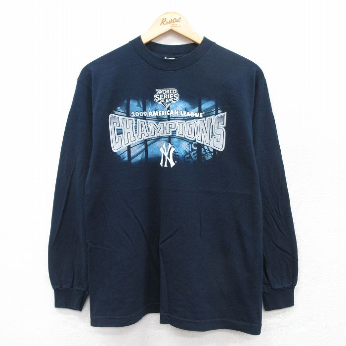 【20%OFF】M★古着 長袖 ビンテージ Tシャツ メンズ 00年代 00s MLB ニューヨークヤンキース コットン クルーネック 紺 ネイビー メジャーリーグ ベースボール 野球 25jul12 中古