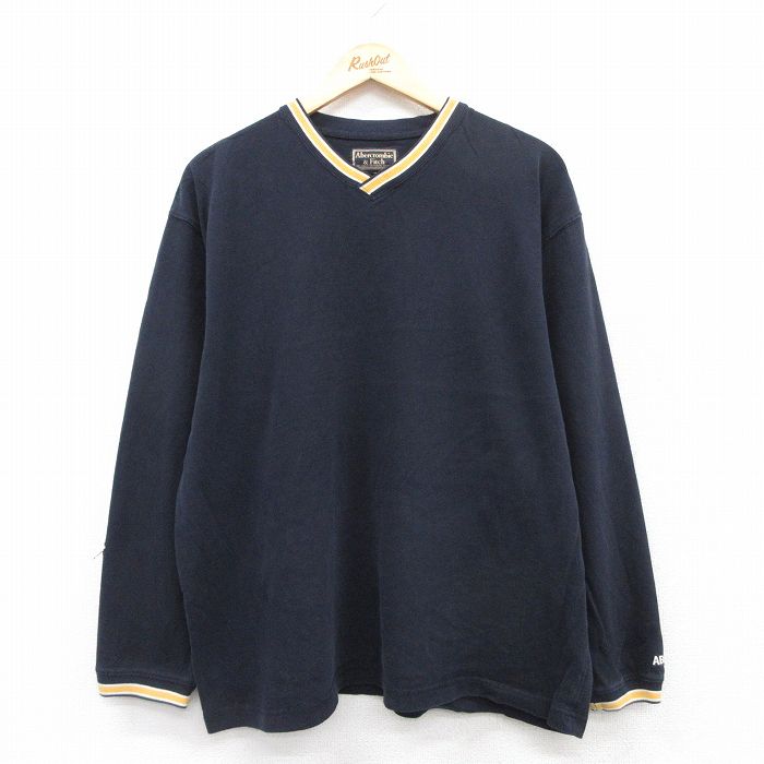 XL★古着 アバクロンビー Abercrombie&fitch 長袖 ビンテージ Tシャツ メンズ 90年代 90s 無地 大きいサイズ コットン Vネック 紺他 ネイビー 25jul12 中古