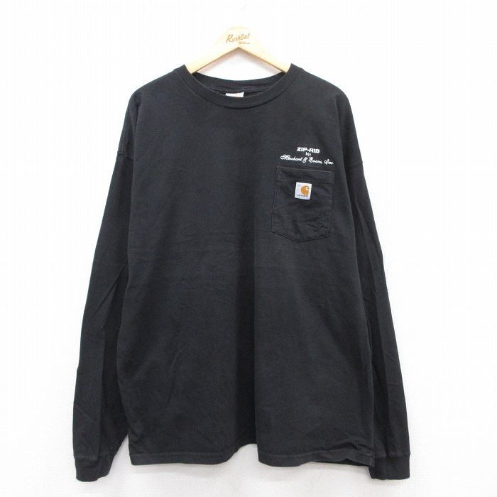 XL★古着 カーハート Carhartt 長袖 ビンテージ Tシャツ メンズ 00年代 00s ワンポイントロゴ ZIP RIB 胸ポケット付き 大きいサイズ コットン クルーネック 黒 ブラック 25jul12 中古