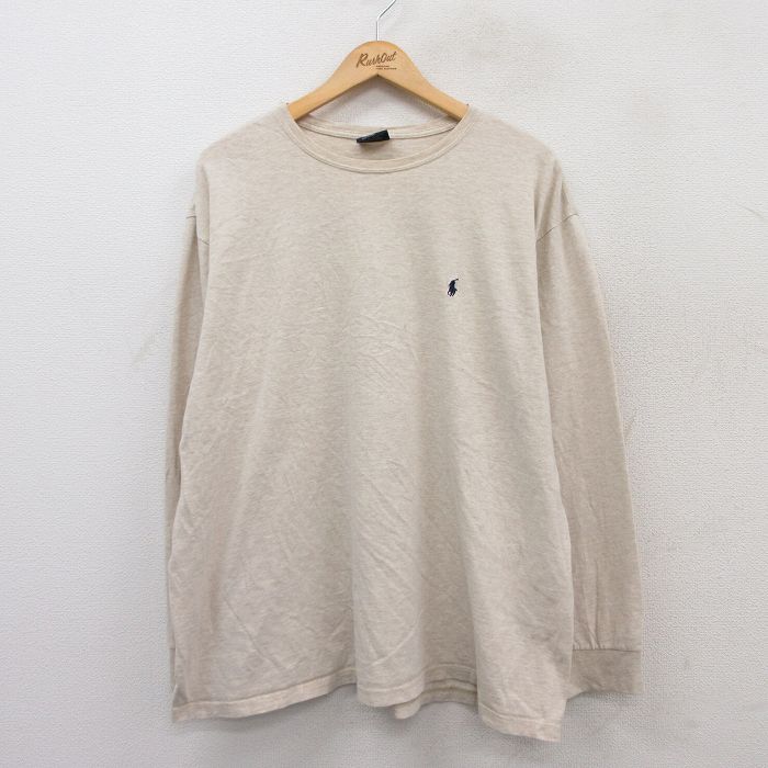 XL★古着 ラルフローレン Ralph Lauren 長袖 ブランド Tシャツ メンズ 90年代 90s ワンポイントロゴ 大きいサイズ コットン クルーネック 薄ベージュ カーキ 霜降り 25jul12 中古