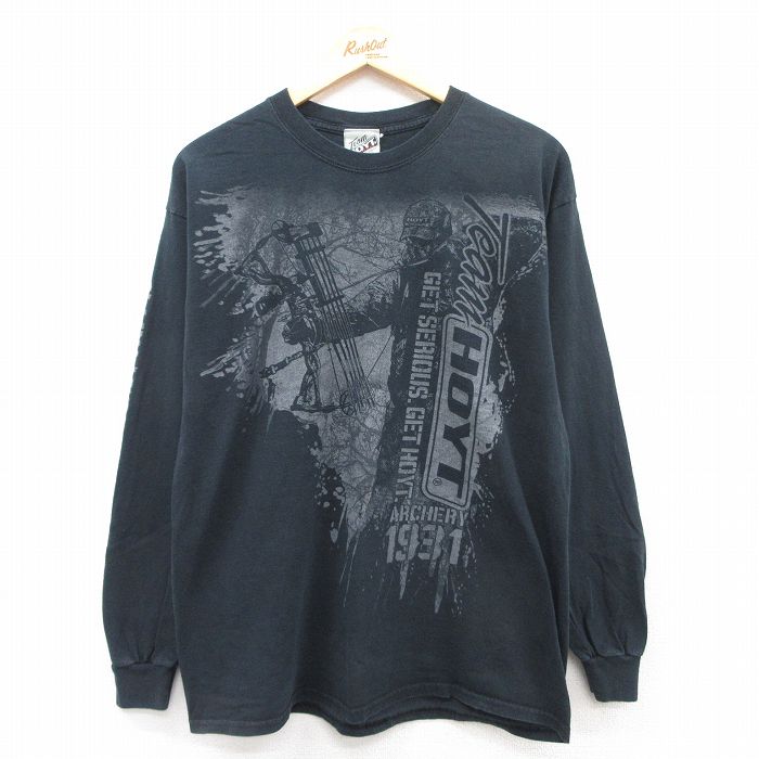 L★古着 長袖 Tシャツ メンズ アーチェリー コットン クルーネック 黒 ブラック 25jul12 中古
